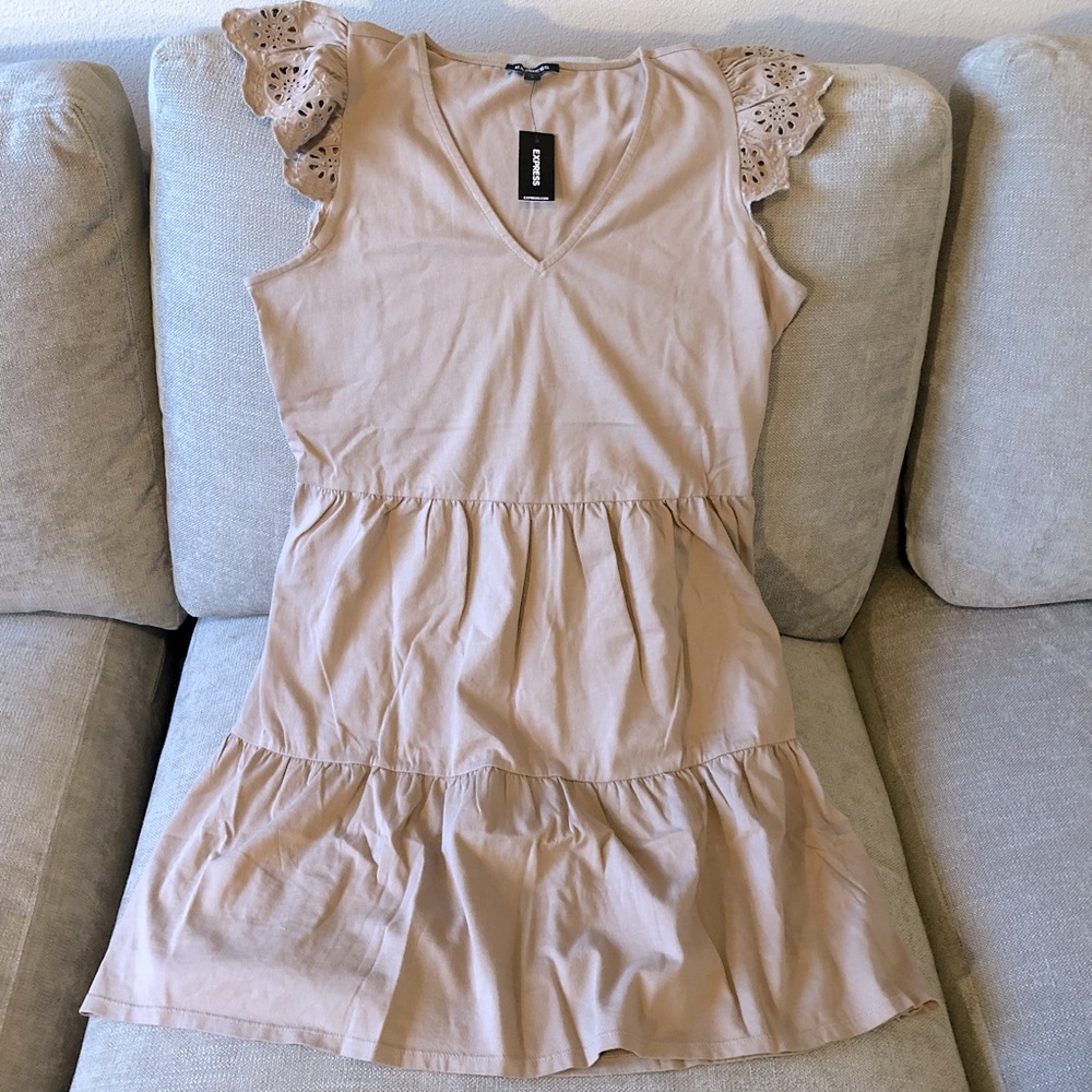 Express Eyelet Lace Sleeve Tiered T-Shirt Dress